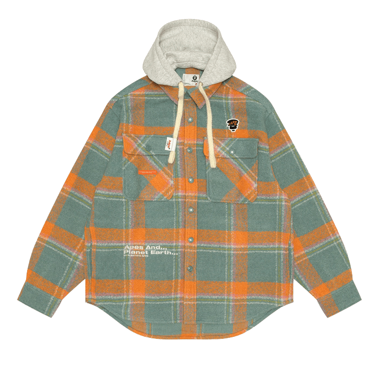 AAPE Check Hooded Button Down Jacket "Green/Orange"