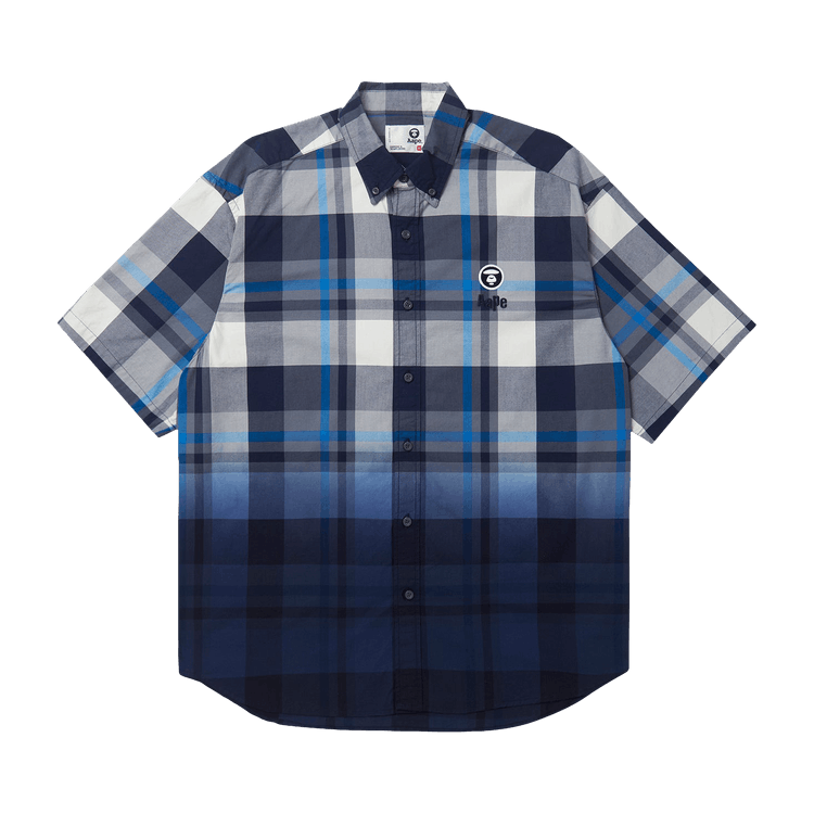 AAPE Moonface Embroidered Gradient Plaid Short-Sleeve Shirt "Navy/Black"