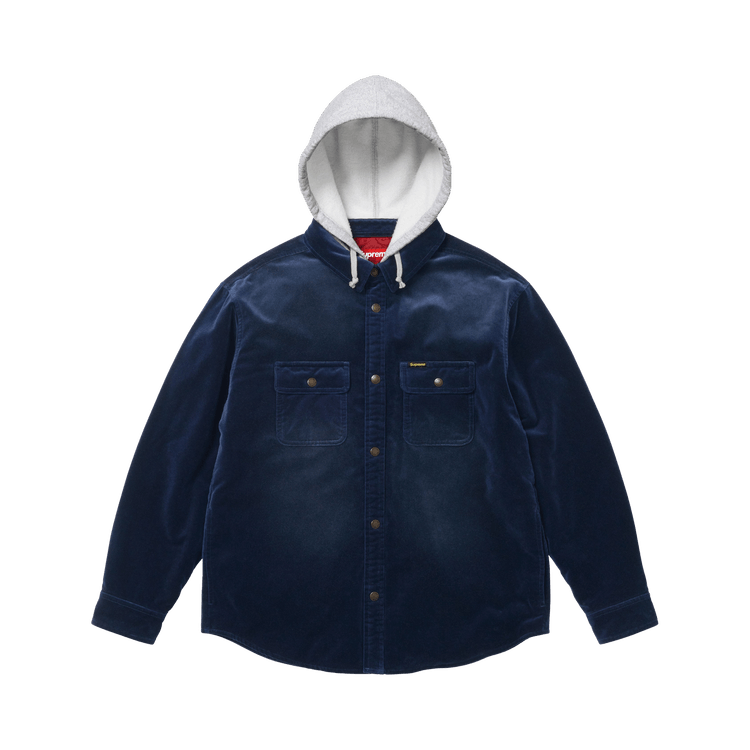 Supreme Quilted Lined Hooded Velvet Snap Shirt "Navy"