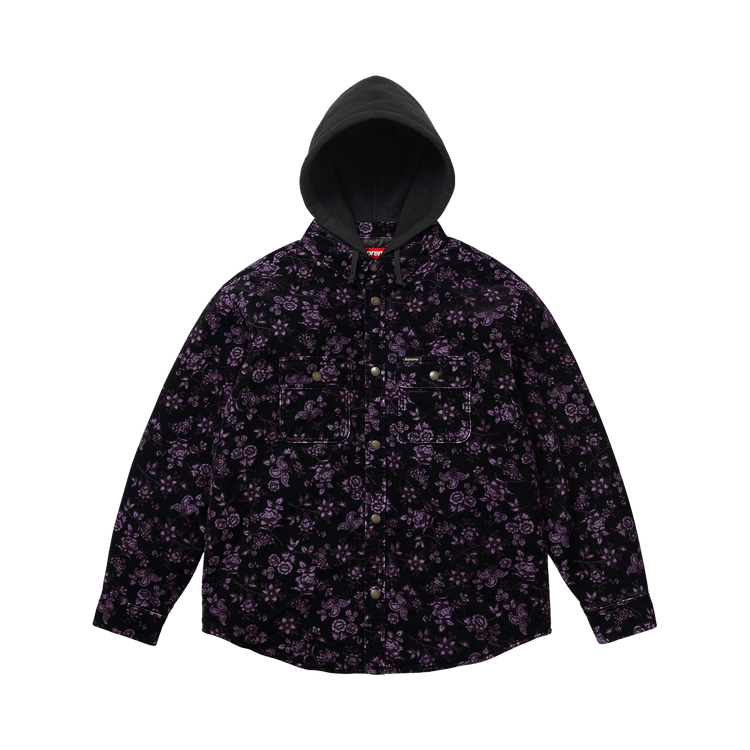 Supreme Quilted Lined Hooded Velvet Snap Shirt "Floral"
