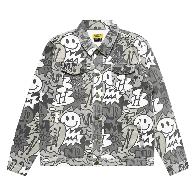 Chinatown Market Smiley Speech Bubble Denim Jacket "Black"