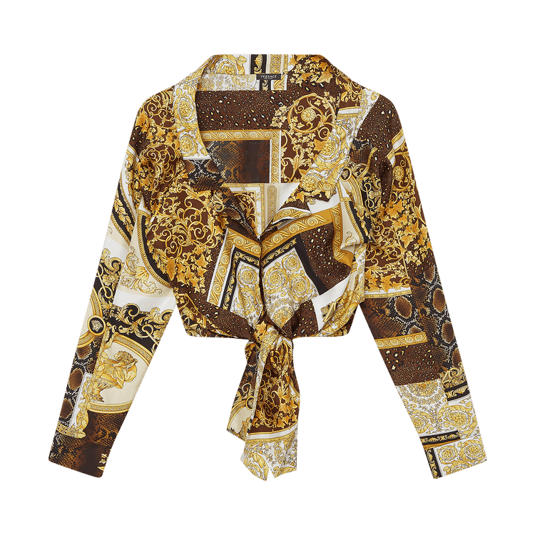 Versace Barocco Patchwork Print Cropped Silk Shirt "Gold/Brown/White"