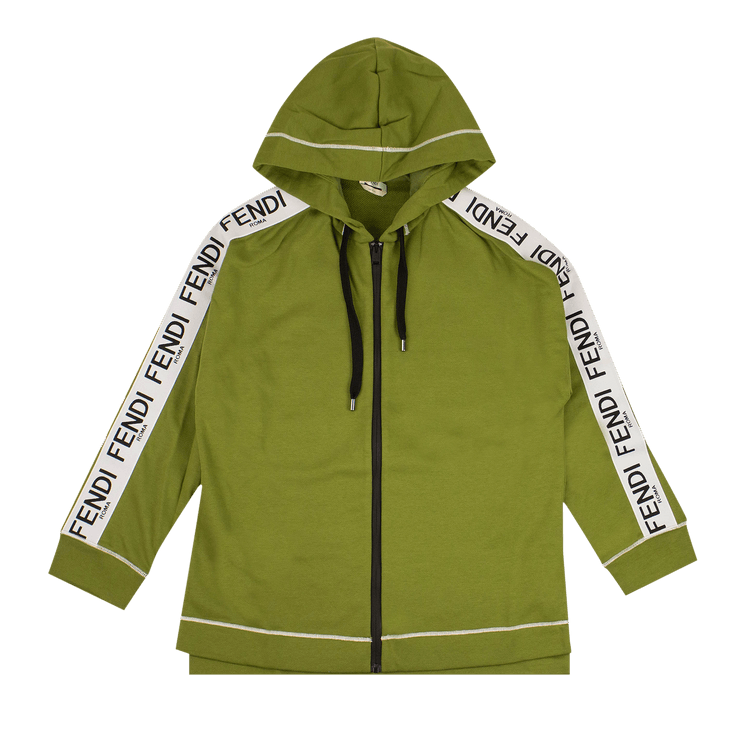 Fendi Logo Stripe Zip Up Hooded Sweatshirt "Green"