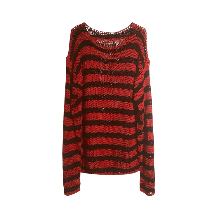 Raf Simons Redux Striped Open-Knit Cotton Sweater "Black/Red"