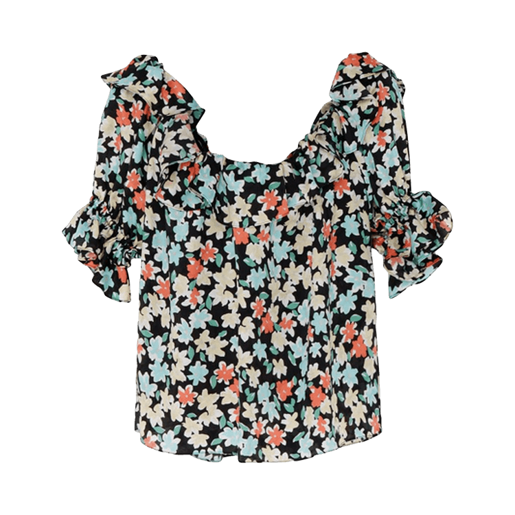 Saint Laurent Floral Print Off-The-Shoulder Blouse "Noir Multicolor"