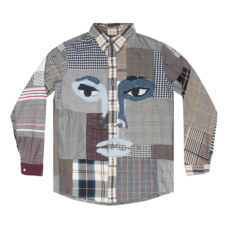 KidSuper Stitched Pattern Face Button Up "Grey Patchwork"