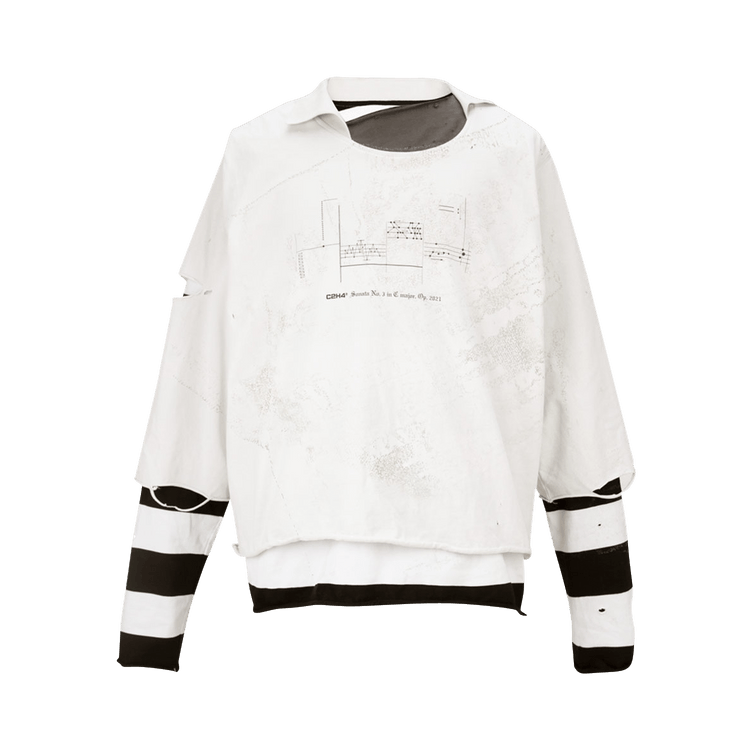 C2H4 Panelled Distressed Double Layer Long-Sleeve T-Shirt "Black/White"