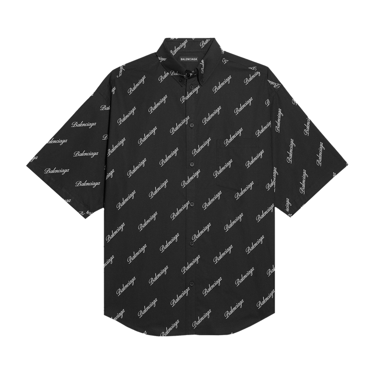 Balenciaga Allover Script Logo Button Down Shirt "Black"
