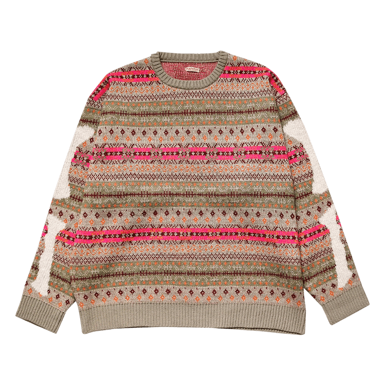 Kapital 7 Gauge Wool Fair Isle Crew Sweater "Gray Beige"