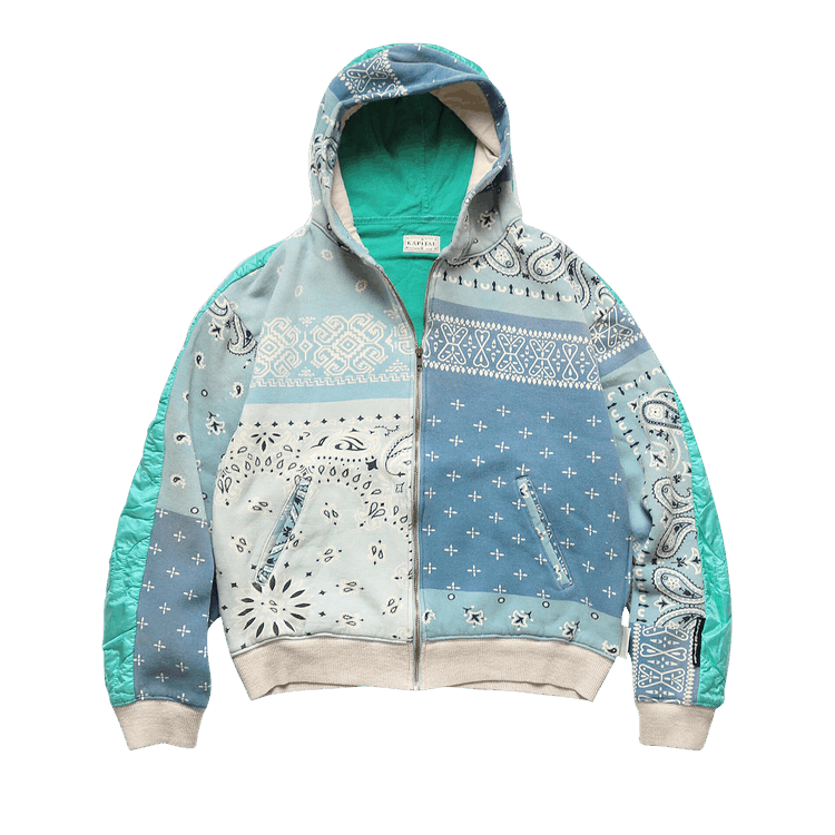 Kapital Half-Quilted Bandana Zip-Up Hoodie "Sax Blue"