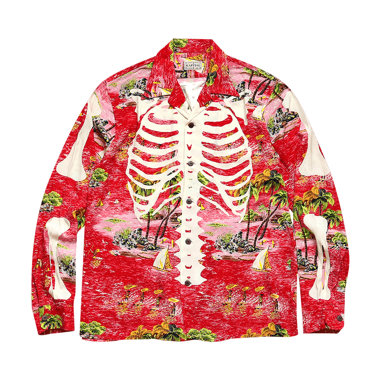 Kapital Rayon Kamehameha Skeleton Print Open Collar Shirt "Red"
