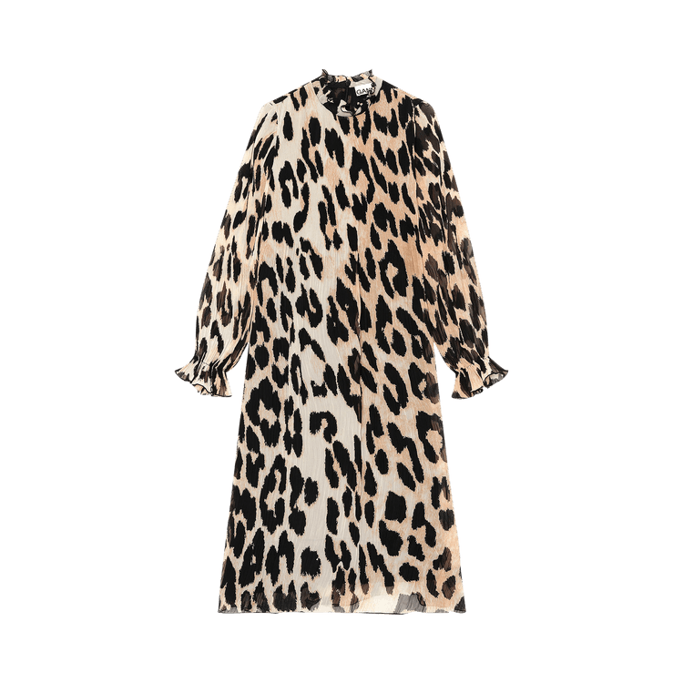 GANNI Pleated Georgette Dress "Leopard"