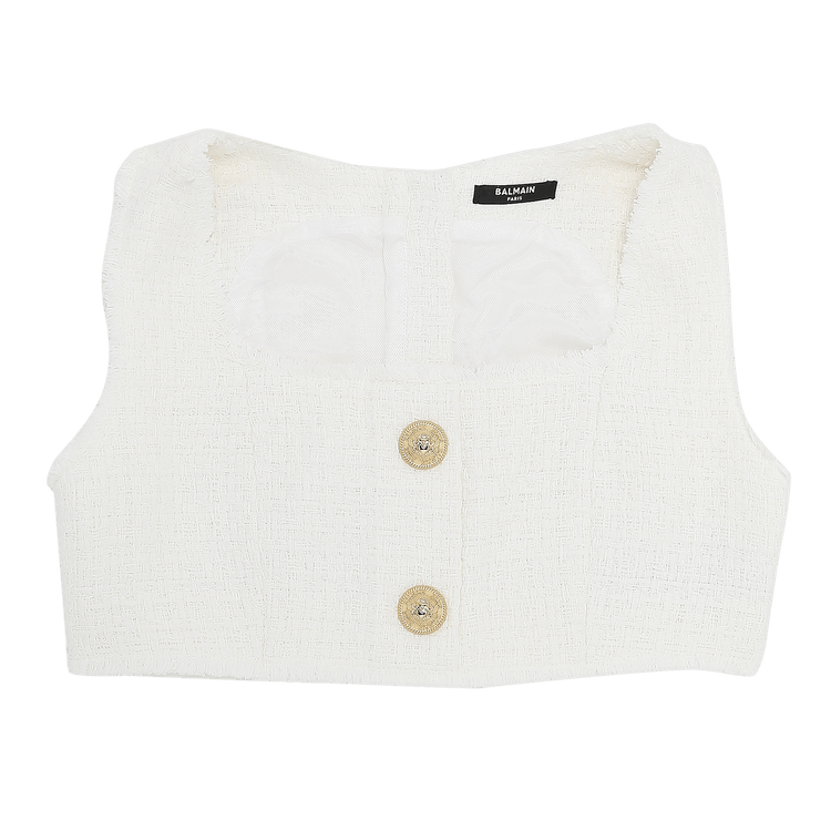Balmain Cropped Buttoned Tweed Strap Top "Blanc"