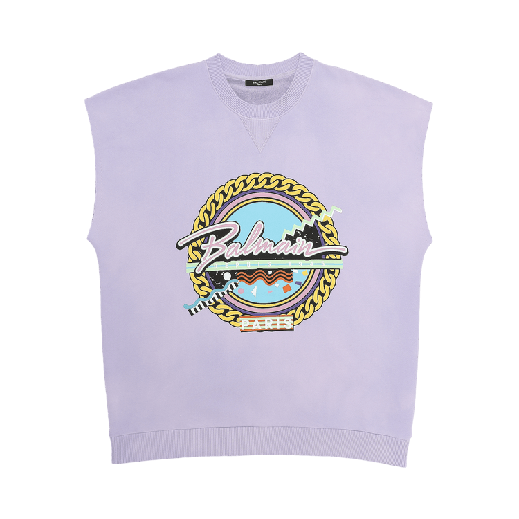 Balmain Short-Sleeve Printed Sun-Bleached Sweatshirt "Lavender/Multicolor"