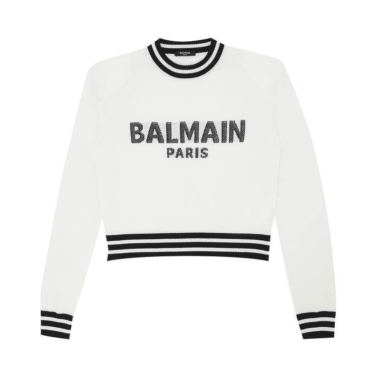 Balmain Cropped Mesh Logo Sweater "Blanc/Noir"