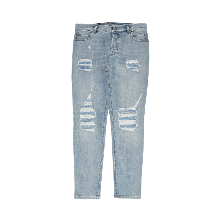 Balmain Monogram Destroyed 6 Pocket Tapered Jeans "Blue"