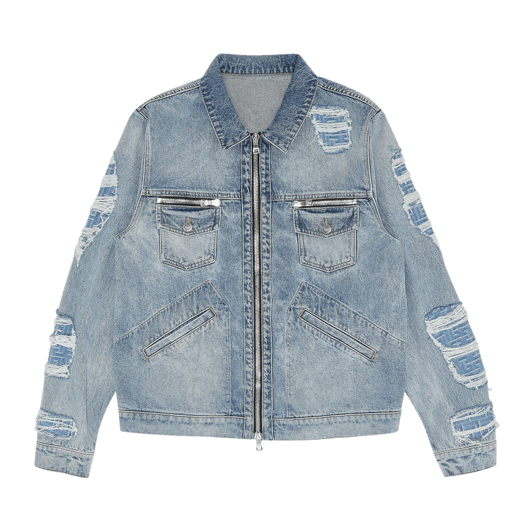 Balmain Monogram Destroyed Zipped Denim Jacket "Blue"
