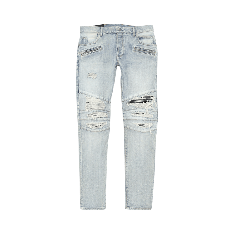 Balmain Ribbed Patches Slim Jeans-Distressed "Bleu Jean Clair"