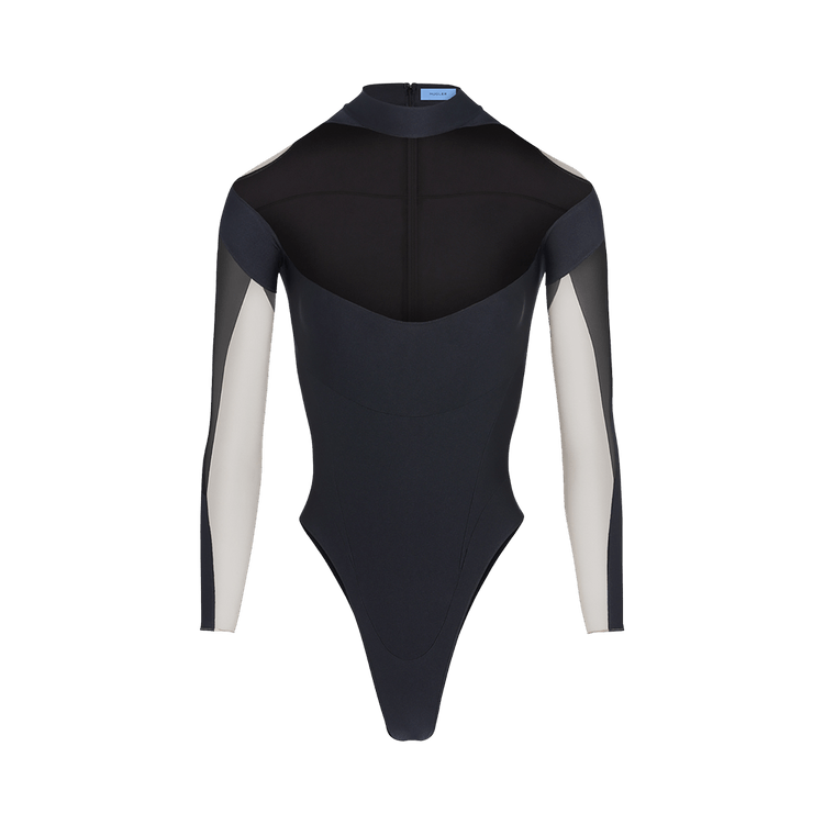 Mugler Illusion Neckline Color Block Bodysuit "Black/Nude"