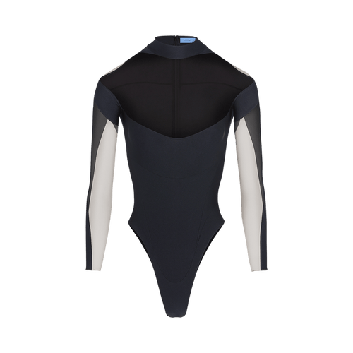 Mugler Illusion Neckline Color Block Bodysuit "Black/Nude"