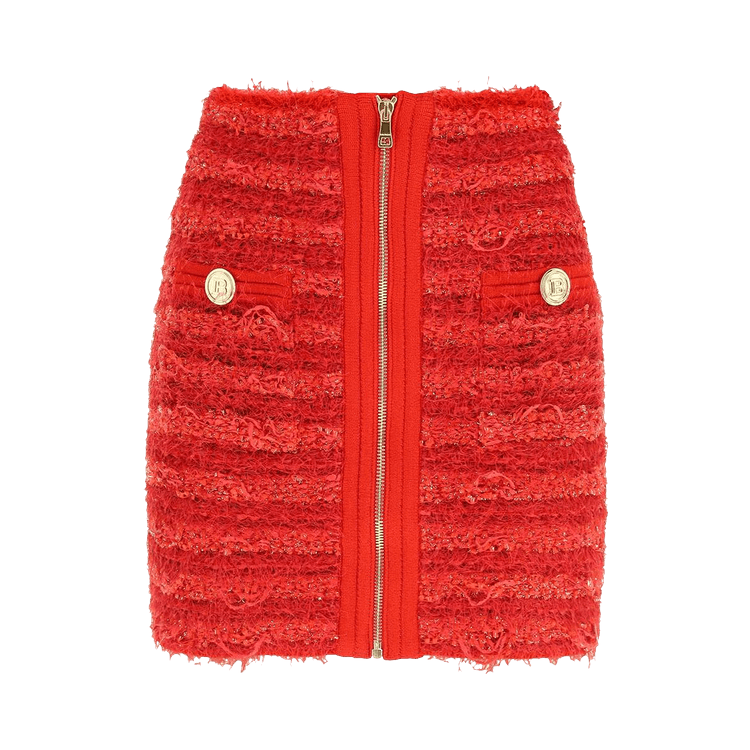 Balmain Short High Waisted Zipped Tweed Skirt "Rouge"