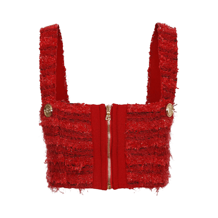 Balmain Cropped Zipped Tweed Strap Top "Rouge"
