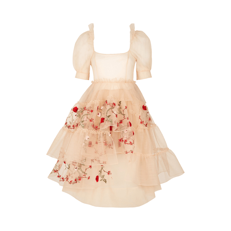 Simone Rocha Scoop Neck Short Puff-Sleeve Tiered Ruffle Dress "Creeping/Nude"