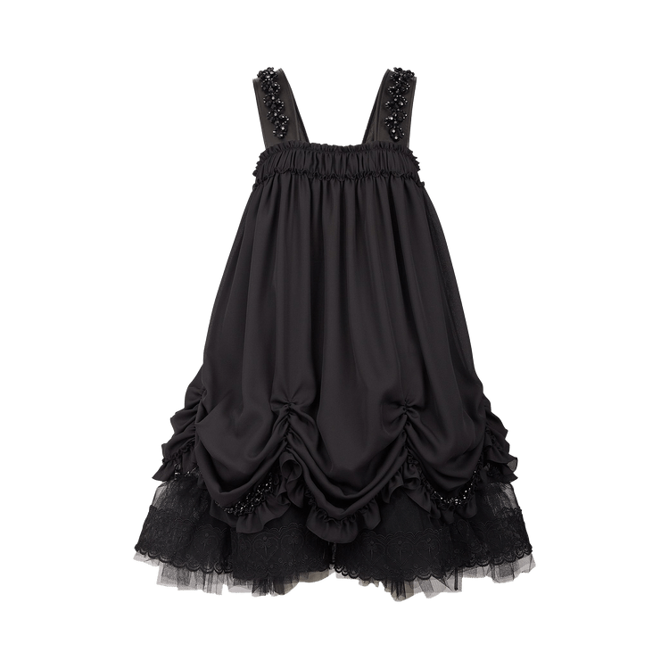 Simone Rocha Sleeveless Ruched Tiered Dress With Leather Straps "Black/Jet"