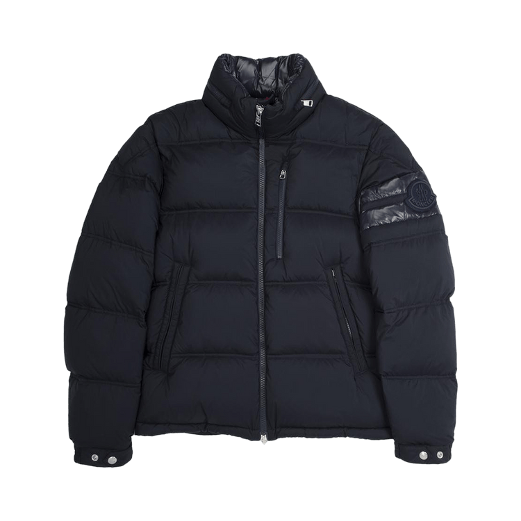Moncler Delaume Full Zip Puffer Jacket With Stripe On Arm "Navy/White"