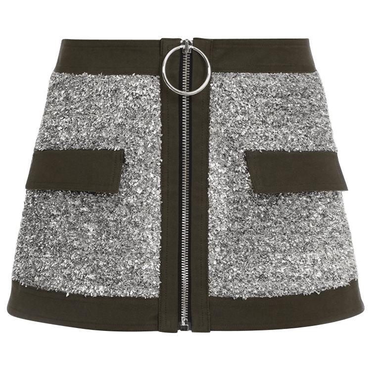 Balmain Short Low-Rise Tweed And Canvas Skirt "Silver/Military Green"