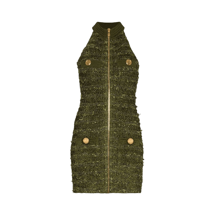 Balmain Sleeveless Zipped Tweed Dress "Military Green"
