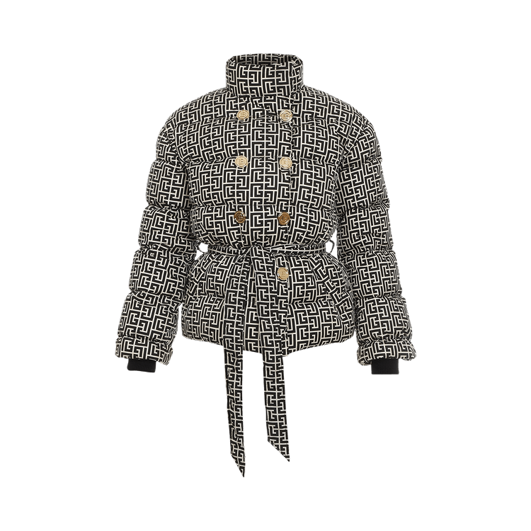 Balmain High-Neck Belted Monogram Down Jacket "Black"