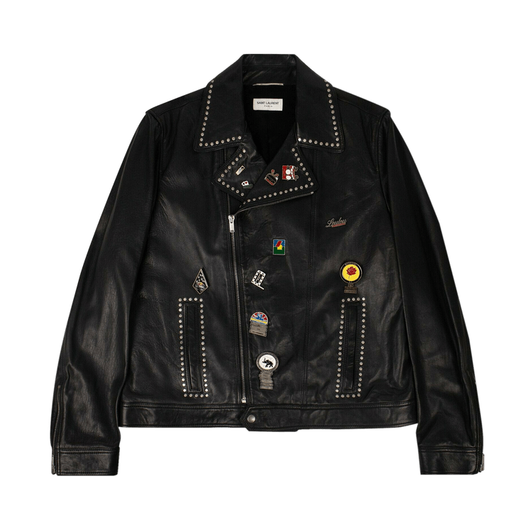 Saint Laurent Leather Logo Pin Motorcycle Jacket "Black"
