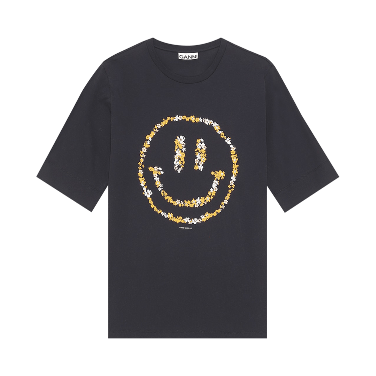 GANNI Light Cotton Jersey Floral Smiley O-neck Mid-Sleeve T-Shirt "Phantom"