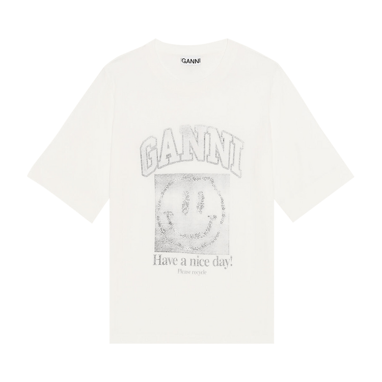 GANNI Light Cotton Jersey Smiley O-neck Mid-Sleeve T-shirt "Egret"