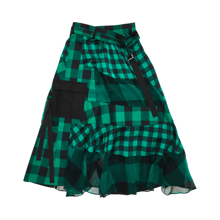 Sacai Check Print Tulle Midi Skirt "Deep Green/Jet Black"