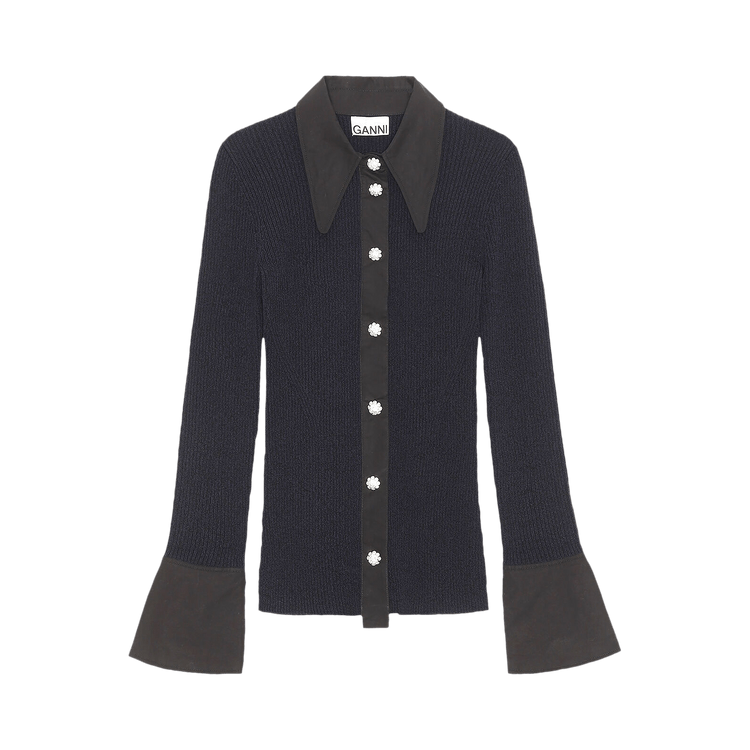 GANNI Melange Collared Cardigan "Dark Navy"