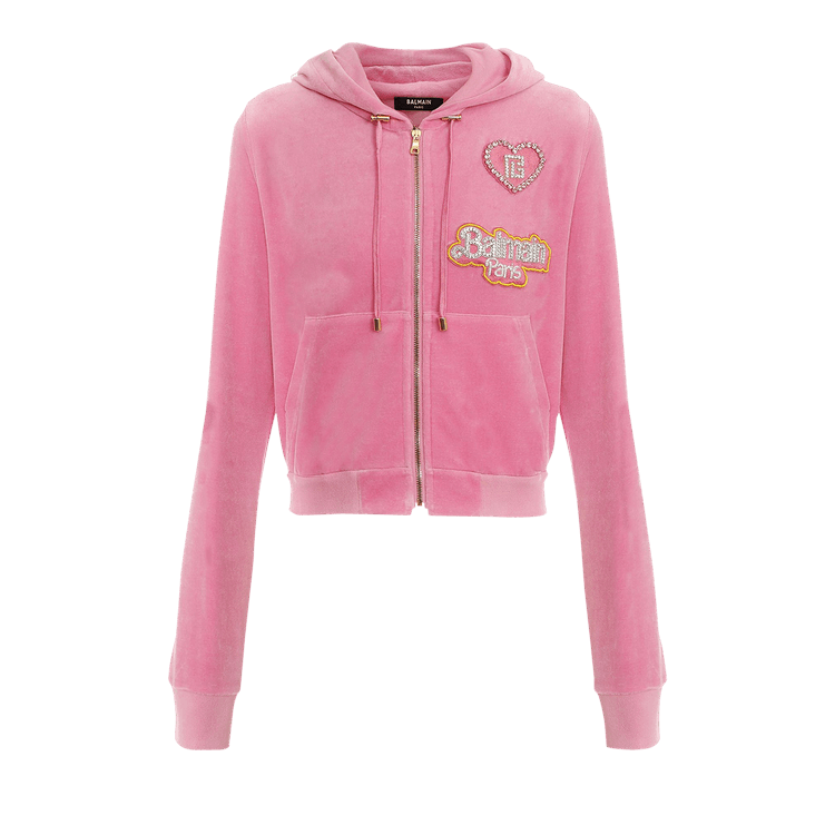 Balmain x Barbie Cropped Velvet Zipped Hoodie With Badges "Rose Pink"