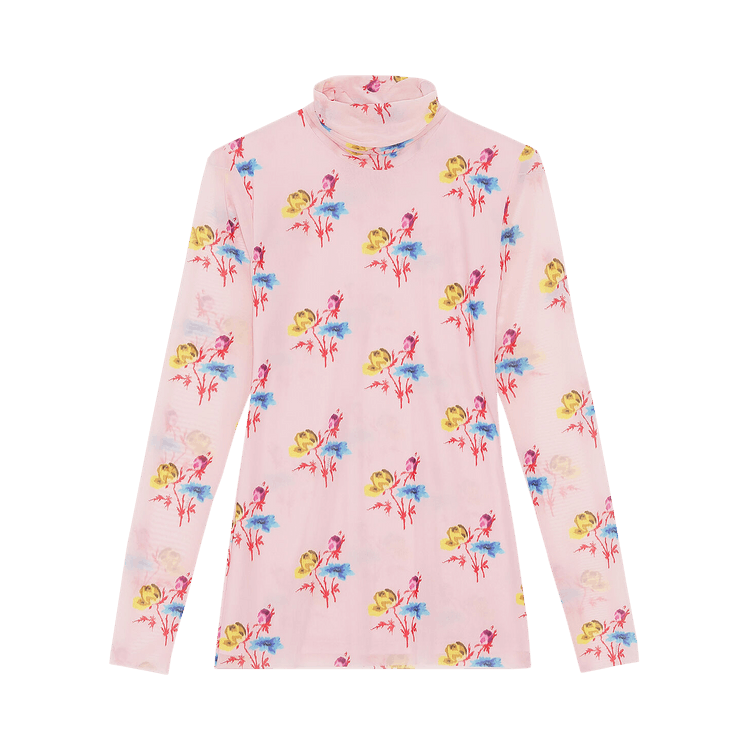 Ganni Printed Mesh Long Sleeve Fitted Rollneck "Light Lilac"