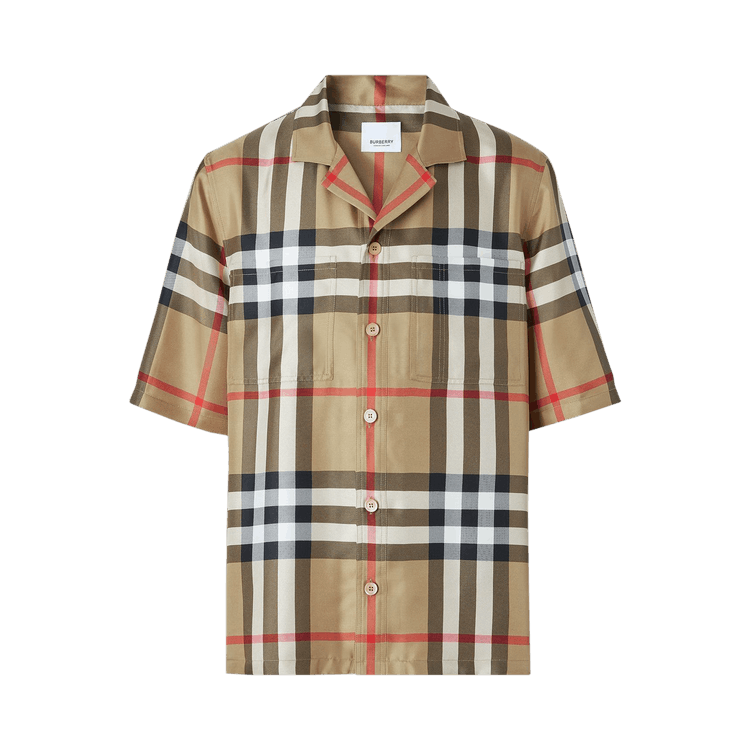 Burberry Short-Sleeve Check Silk Shirt "Archive Beige"