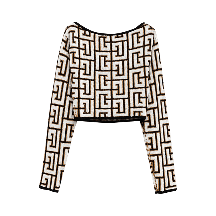 Balmain Cropped Off Shoulder Monogram Knit Top "Noir/Blanc"
