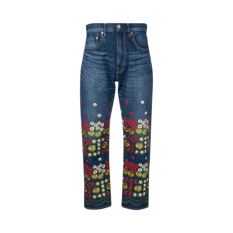 Comme des Garçons Junya Watanabe Denim Salvage Straight Leg Jeans With Flower Emboidery "Blue"