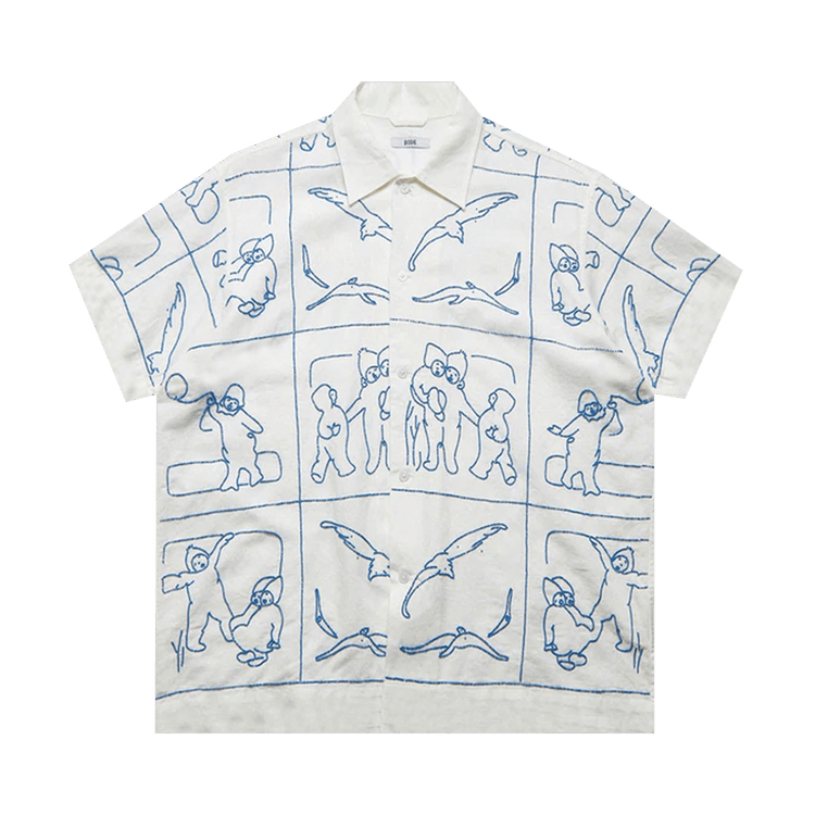 Bode Beaded Scene Short-Sleeve Shirt "White/Blue"