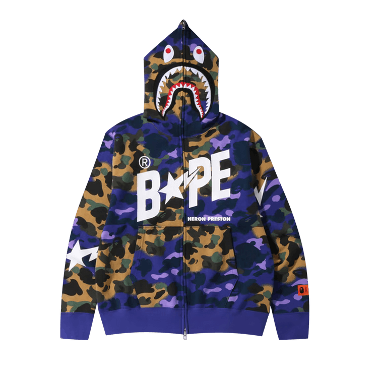 BAPE x Heron Preston Mix 1st Camo Shark Relaxed Fit Full Zip Hoodie "Purple"