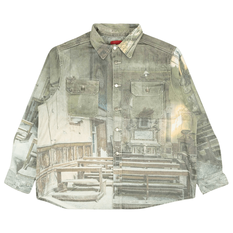 424 Photo Print Denim Button Down Shirt "Green"