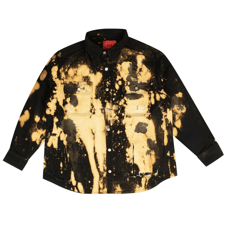 424 Tie Dye Ripped Button Down Shirt "Black/Yellow"