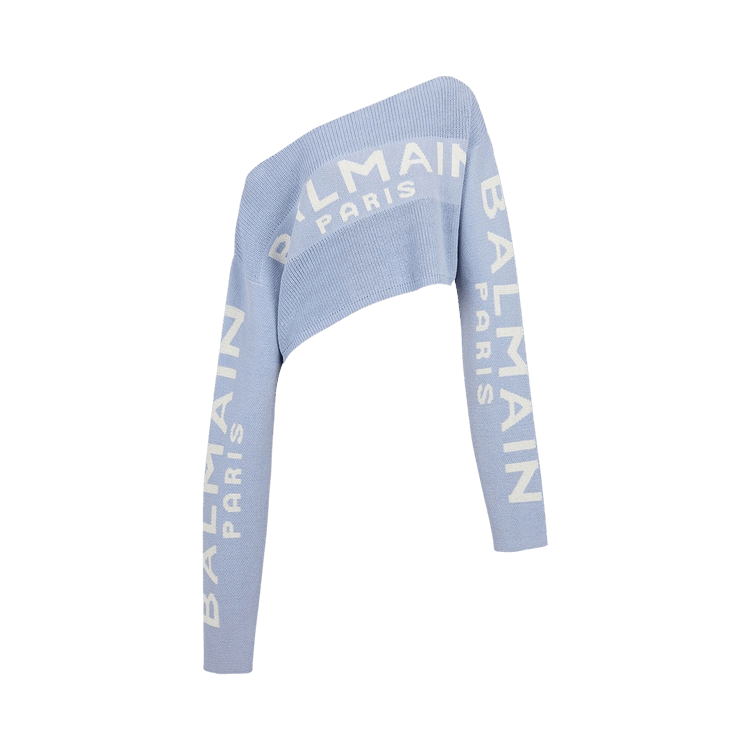Balmain Off Shoulder Knit Crop Top "Bleu Pale/Blanc"