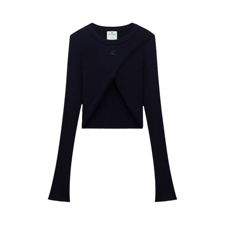 Courrèges Rib Knit Criss Cross Long-Sleeve Top "Navy"
