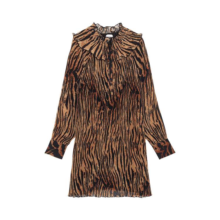 GANNI Pleated Georgette Adjustable Collar Mini Dress 'Tiger's Eye'