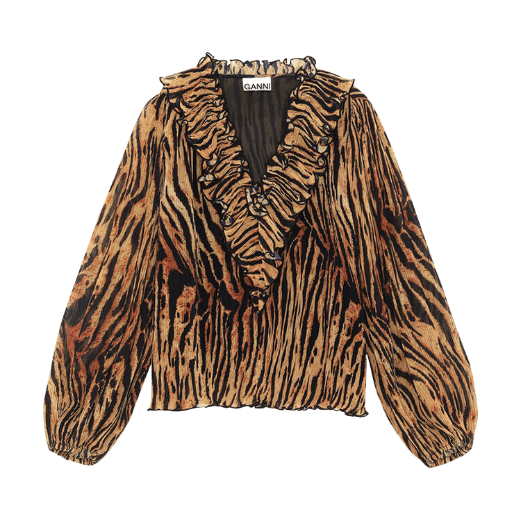 GANNI Pleated Georgette V-Neck Ruffle Blouse 'Tiger's Eye'